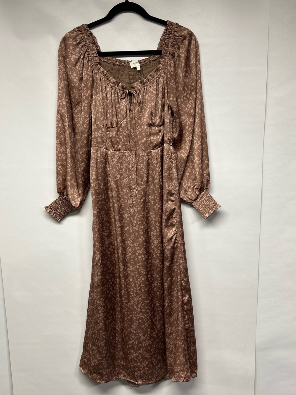 bohme Satin Long Sleeve Midi Dress in Mauve Brown Floral
